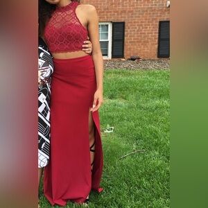 Burgundy 2 piece Midi Pencil Dress with Slit for Prom